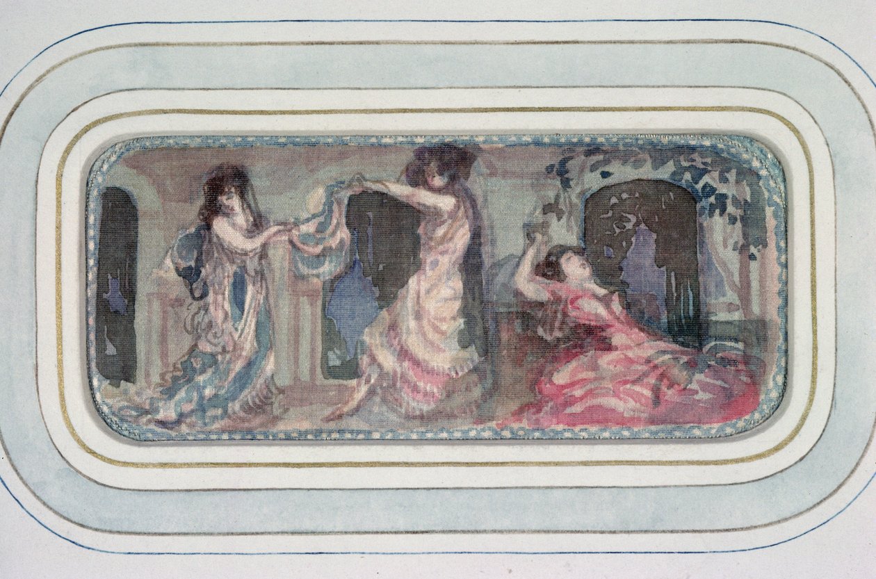To kvindelige figurer danser i et rum, en anden læner sig tilbage af Charles Edward Conder