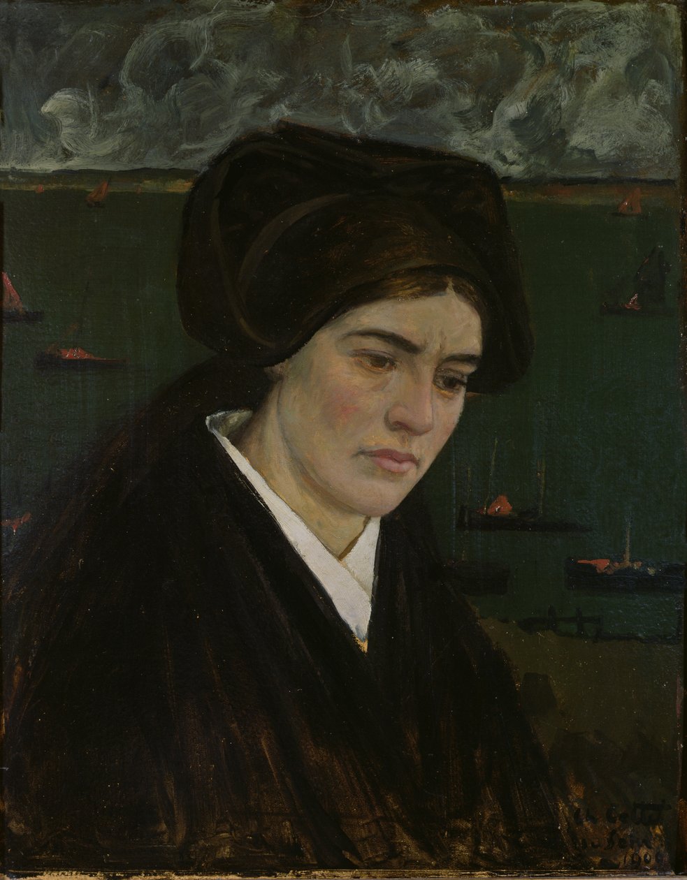 Ung kvinde ved Ile de Sein, 1909 (olie på kort) af Charles Cottet