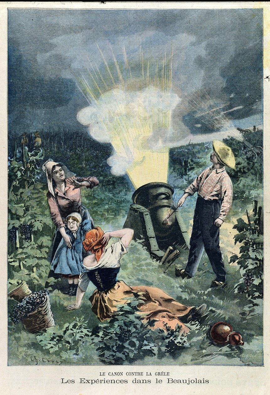 Eksperimenterer med en kanon for at forhindre haglskadende vinstokke, fra Le Petit Journal, 23. februar 1900 af Charles Crespin