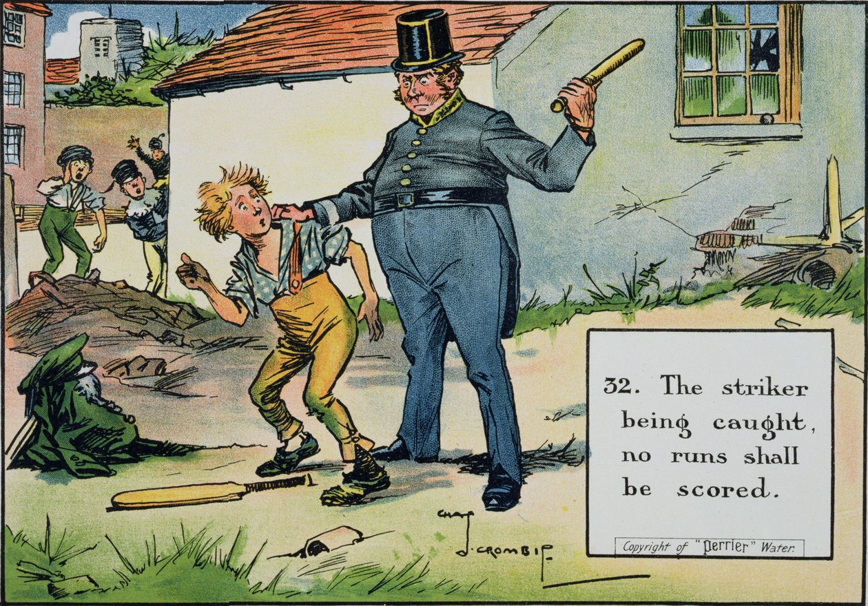 (32) Når angriberen bliver fanget, må der ikke scores, fra "Laws of Cricket", udgivet i 1910 af Charles Crombie