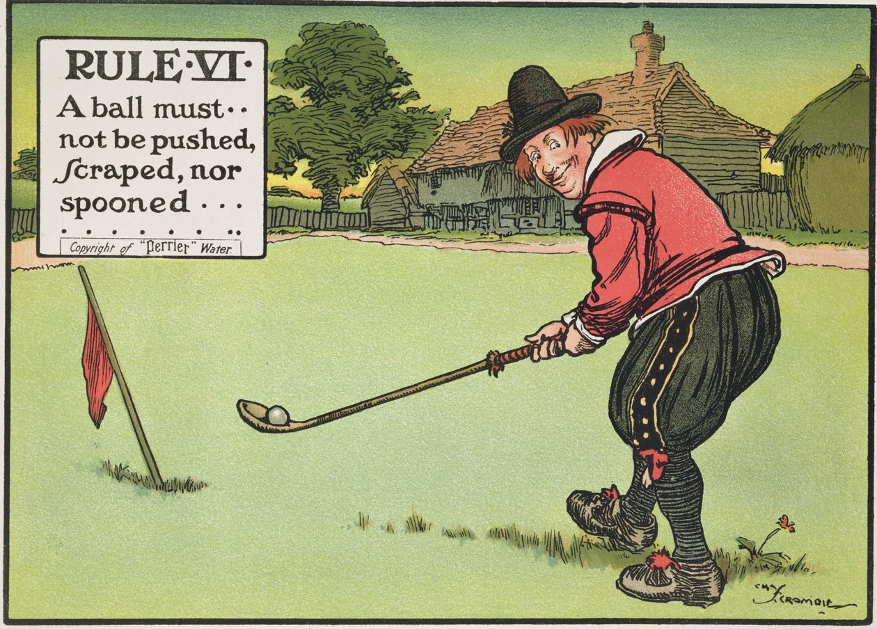 Artikel VI: En bold må ikke skubbes, skrabes eller skees, fra "Rules of Golf", udgivet omkring 1905 af Charles Crombie