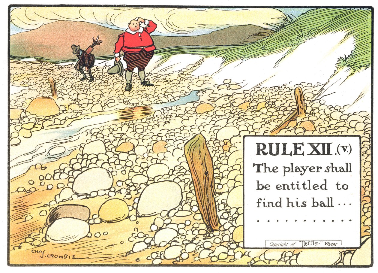 Artikel XII (V): Spilleren skal have ret til at finde sin bold..., fra "Rules of Golf", udgivet omkring 1905 af Charles Crombie