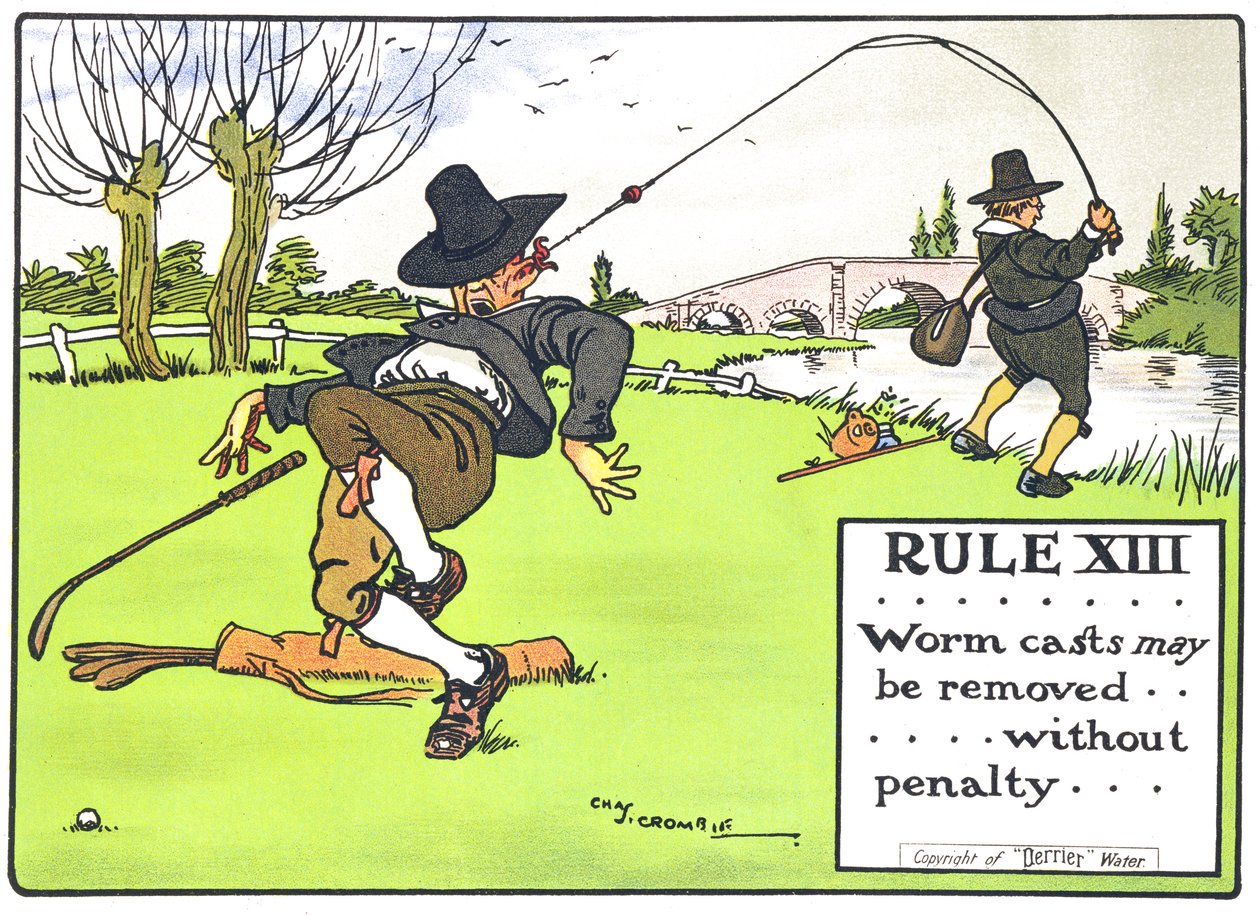Artikel XIII: Worm casts may be removed...without penalty..., fra "Rules of Golf", udgivet omkring 1905 af Charles Crombie