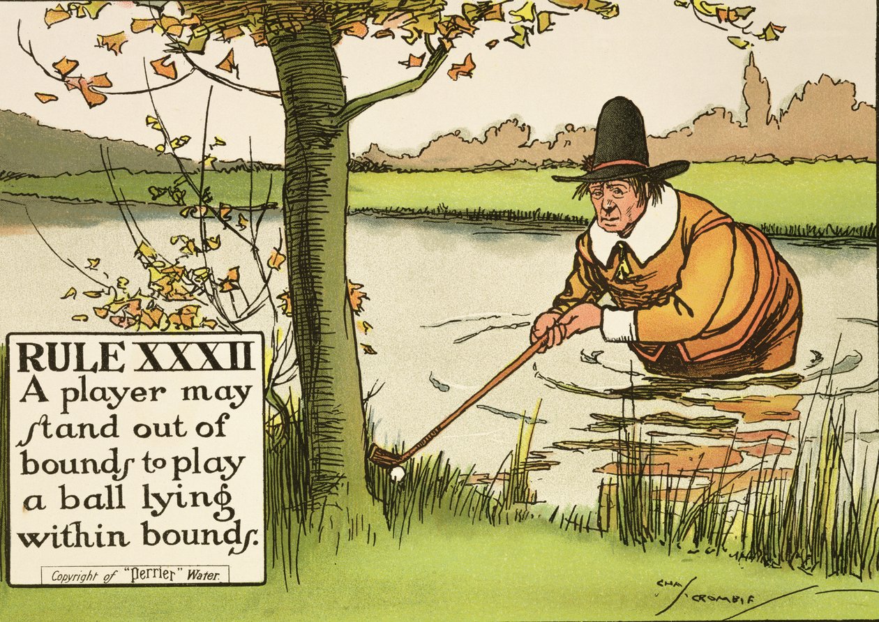 Regel XXXII: En spiller kan stå uden for banen for at spille en bold, der ligger inden for banen, fra "Rules of Golf", udgivet omkring 1905 af Charles Crombie