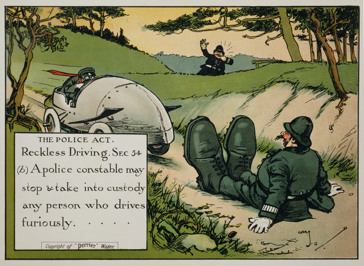 Politiloven. Uansvarlig kørsel. Sec.54(b) En politibetjent kan standse og tilbageholde enhver person, der kører rasende... fra en bog med færdselsregler, udgivet ca. 1905 af Charles Crombie