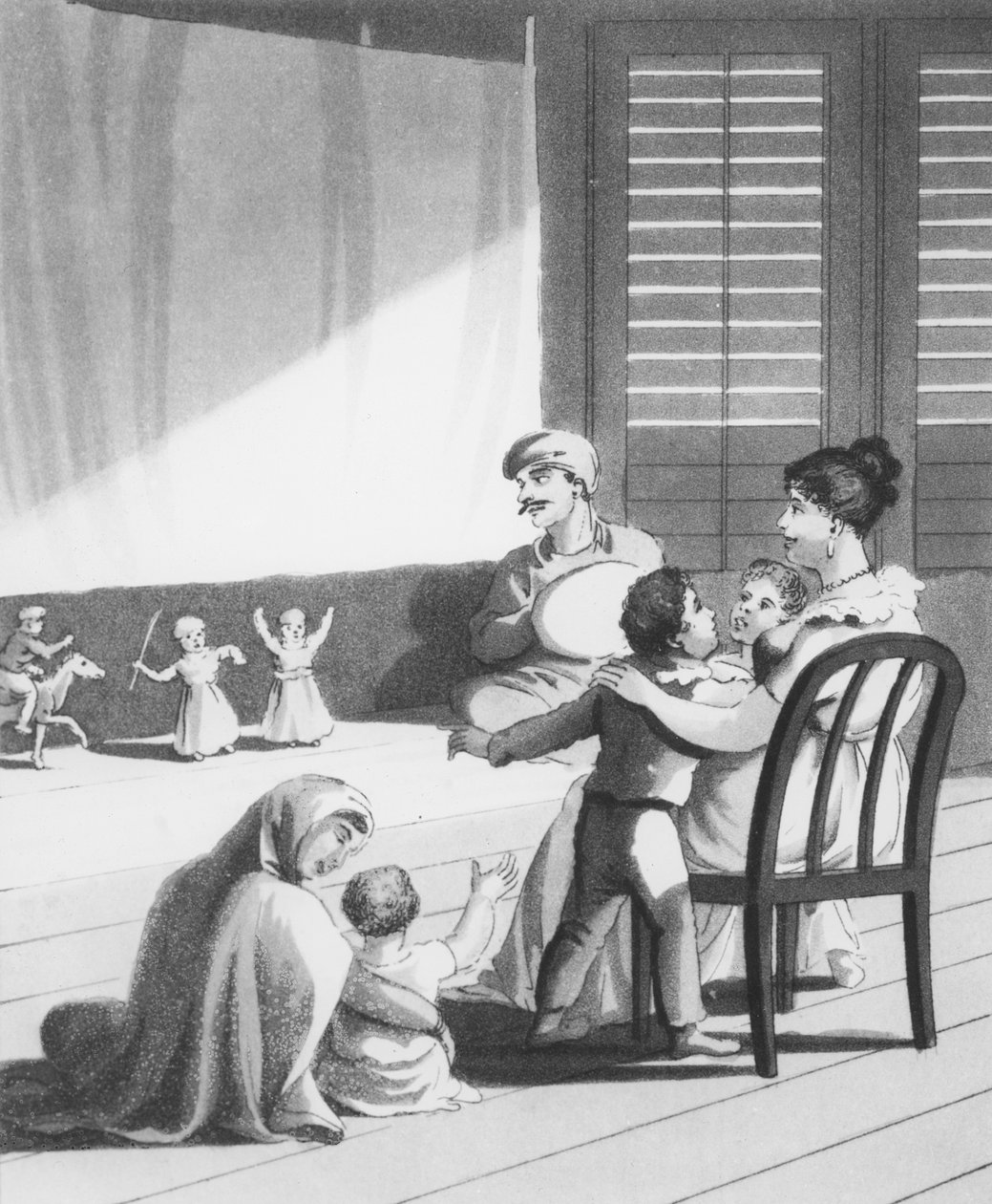Kaut Pootlies, eller dukker, udstillet af indfødte jonglører til underholdning for europæiske børn, planche 18 fra "The European in India", 1813 (akvatint) af Charles d Oyly