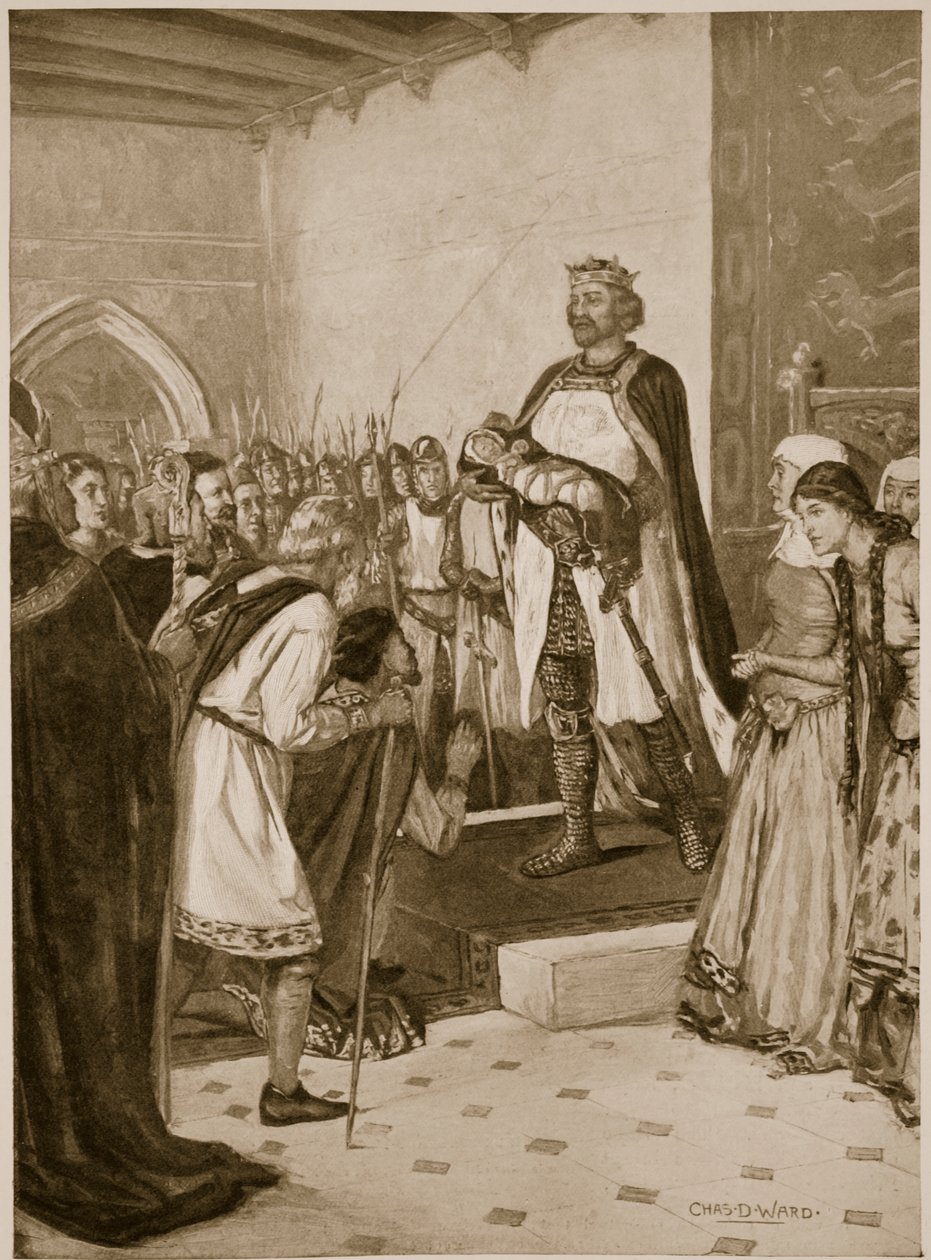 Kong Edward I præsenterer sin lille søn Edward for de walisiske høvdinge på Carnarvon Castle som deres prins af Wales af Charles Daniel Ward