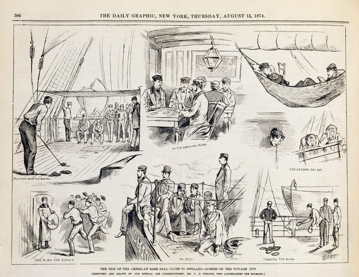 The Trip of the American Baseball Clubs to England (The Voyage Out) offentliggjort i The New York Daily Graphic, 1874 af Charles Weld