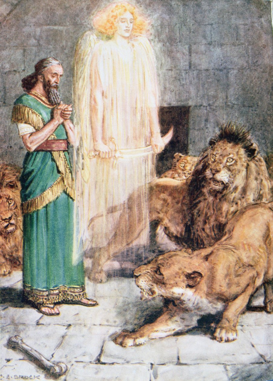 "En Guds engel blev hos Daniel hele natten", illustration fra "Through the Bible", udgivet i 1928 af Charles Edmund Brock