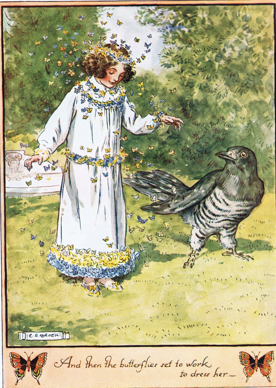 Og så gik sommerfuglene i gang med at klæde hende på, illustration fra "The Cuckoo Clock" af Mrs Molesworth, udgivet af Macmillan i 1930 af Charles Edmund Brock