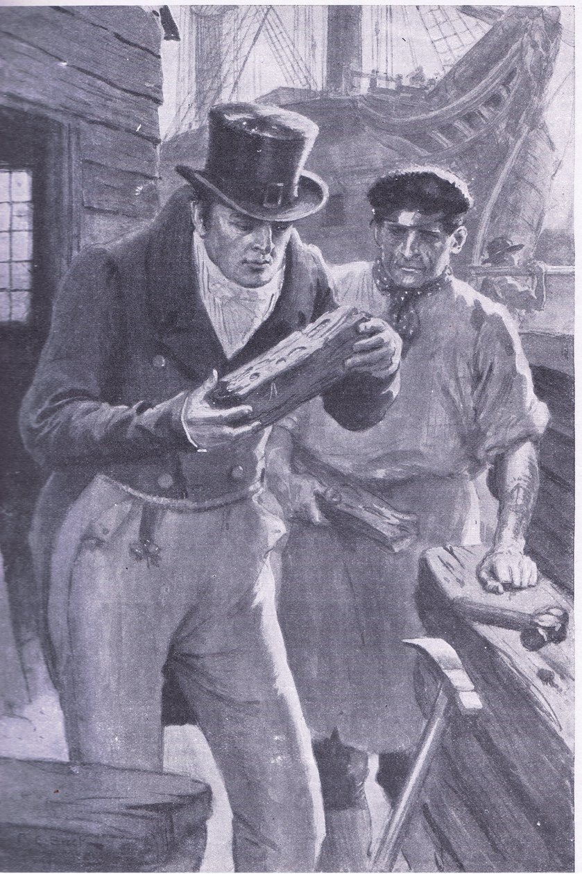 Brunel ser et stykke skibstømmer gravet ned i af en teredo, hvilket inspirerer hans idé om at grave under Themsen (litho) af Charles Edmund Brock