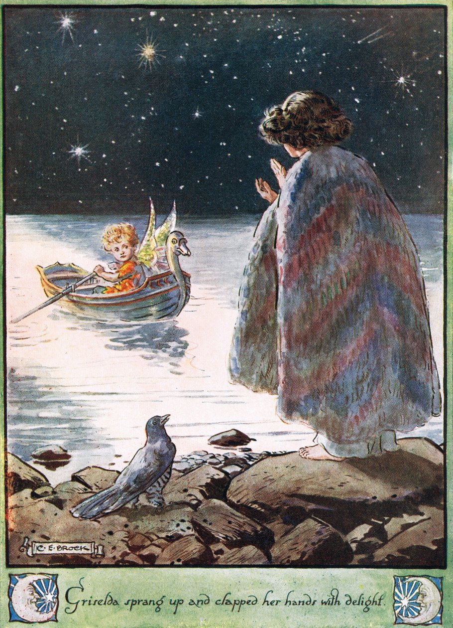 Griselda sprang op og klappede i hænderne af glæde, illustration fra "The Cuckoo Clock" af Mrs Molesworth, udgivet af Macmillan i 1930 af Charles Edmund Brock