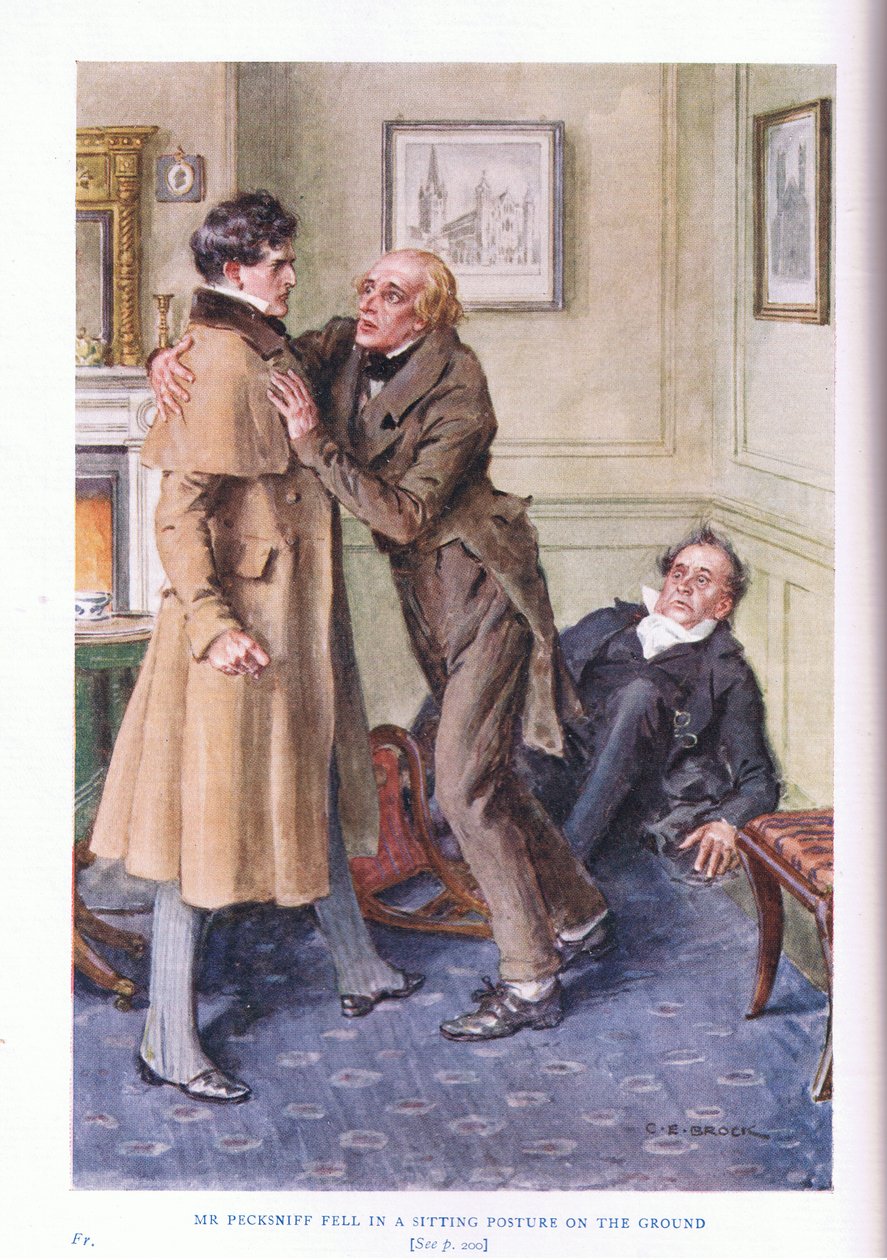 Mr. Pecksniff faldt i siddende stilling på jorden af Charles Edmund Brock