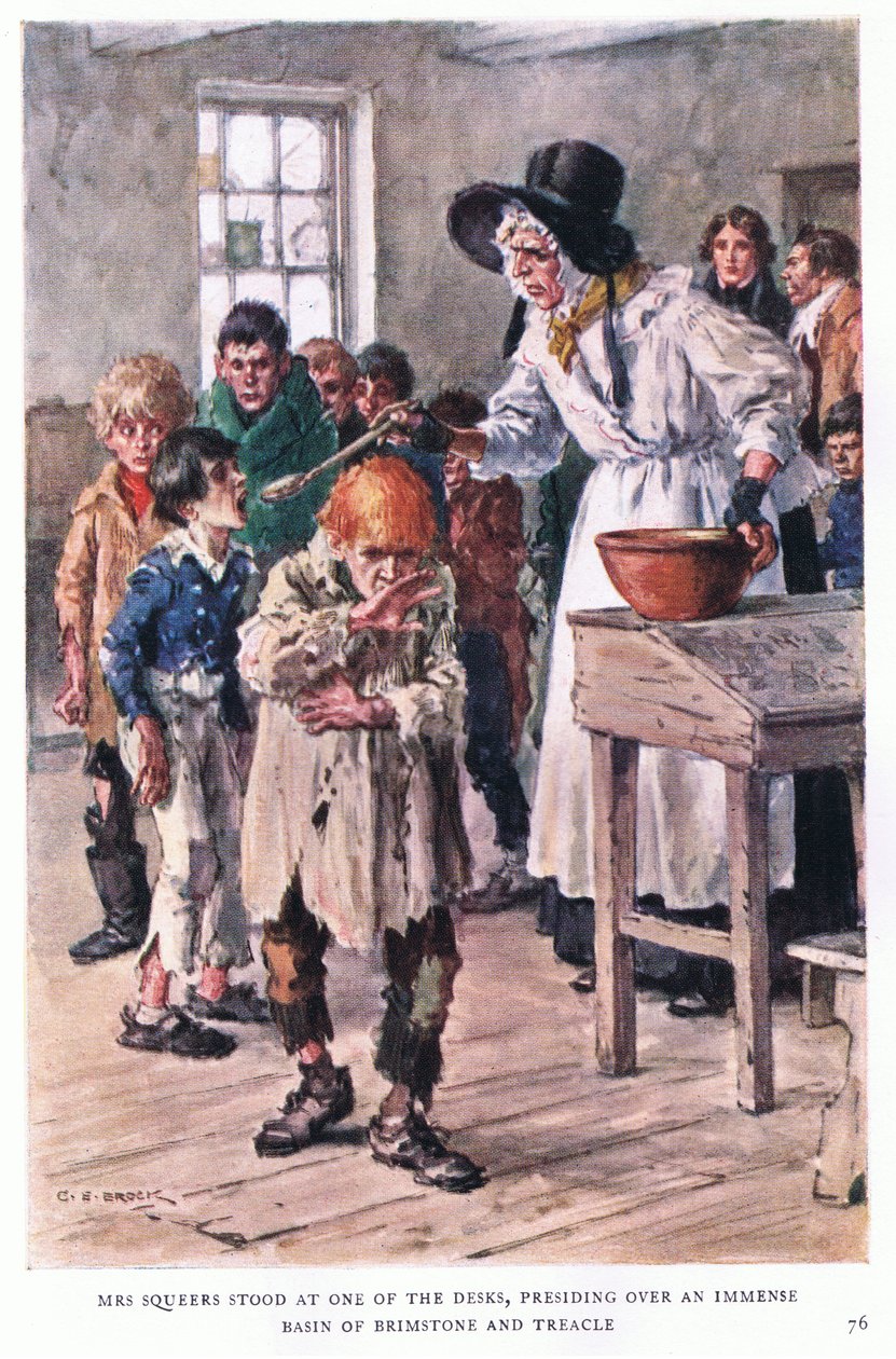Fru Squeers stod i den ene ende af skrivebordene og præsiderede over et enormt bassin af svovl og sirup af Charles Edmund Brock