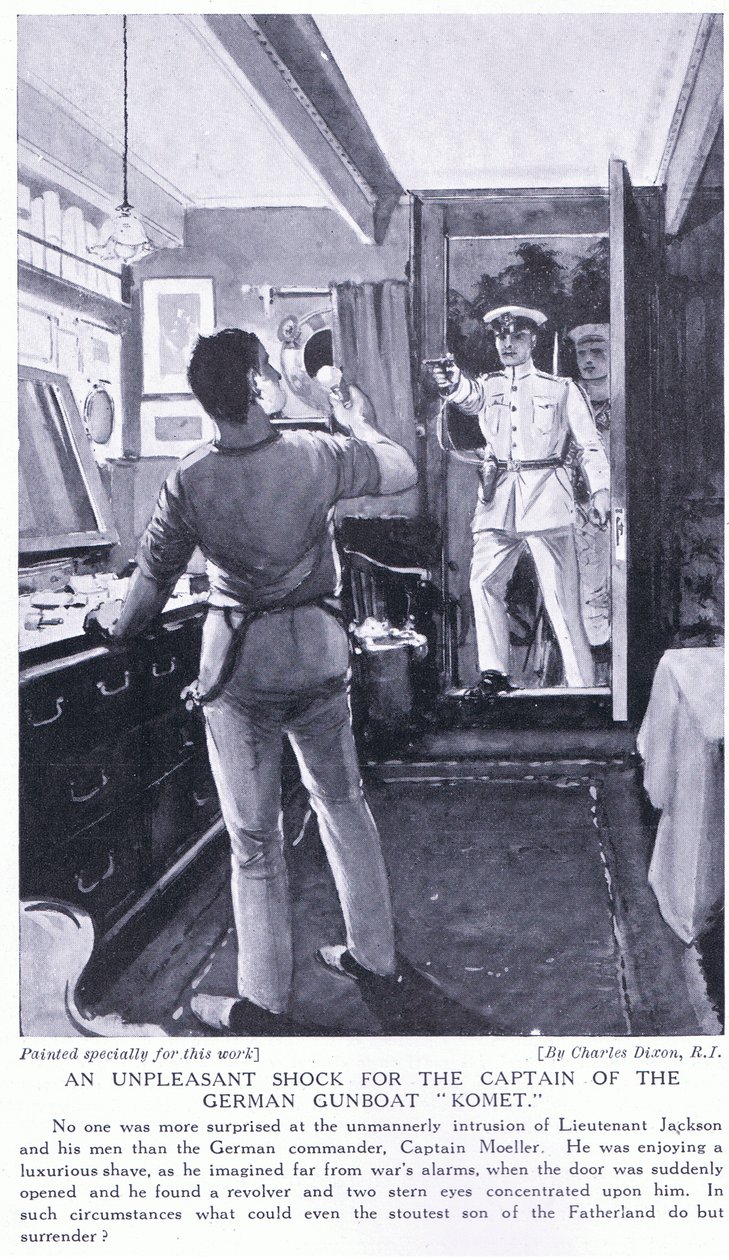 Et ubehageligt chok for kaptajnen på den tyske kanonbåd Komet oktober 1914 af Charles Edward Dixon