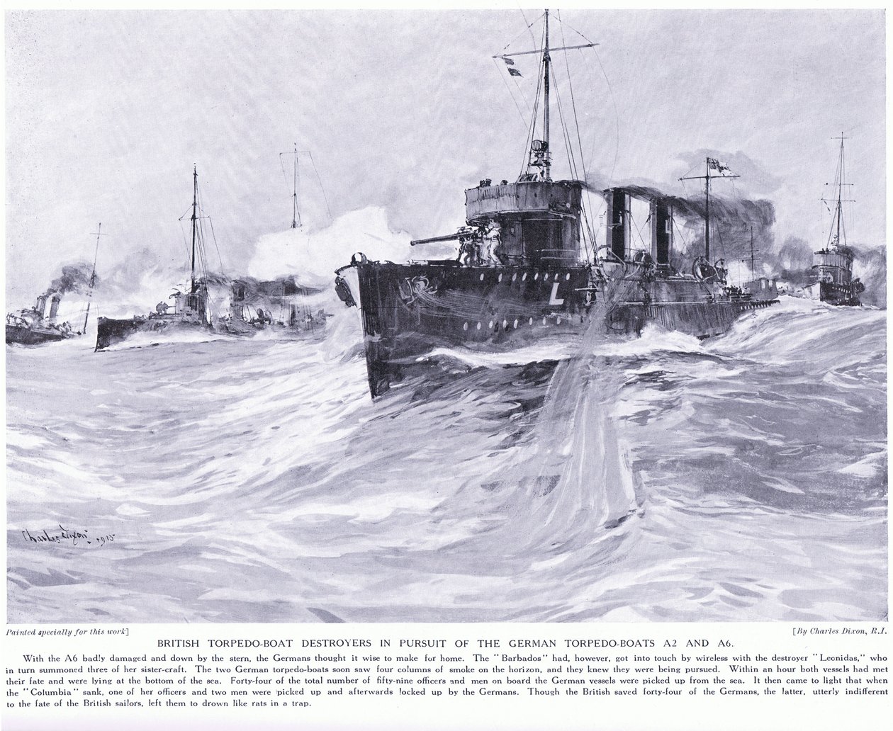 Britiske torpedobåddestroyere i jagten på de tyske torpedobåde A2 og A6 november 1914 af Charles Edward Dixon