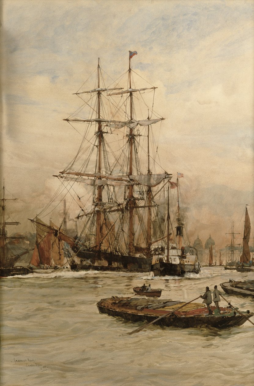 På Themsen under Greenwich, ca. 1905 af Charles Edward Dixon