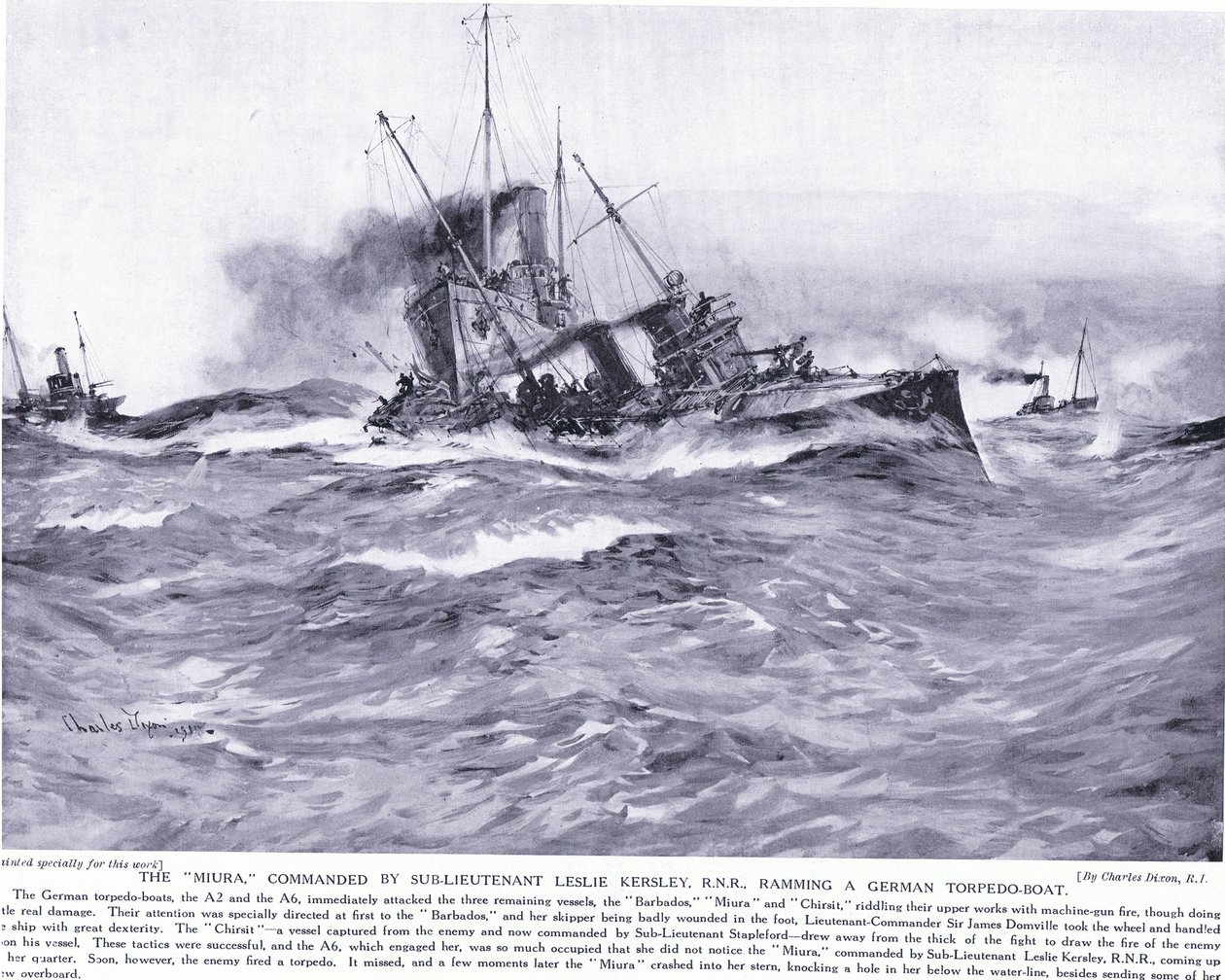 Th Miura under kommando af underløjtnant Lesley Kelsey RNR ved at ramme en tysk torpedobåd, oktober 1914 af Charles Edward Dixon