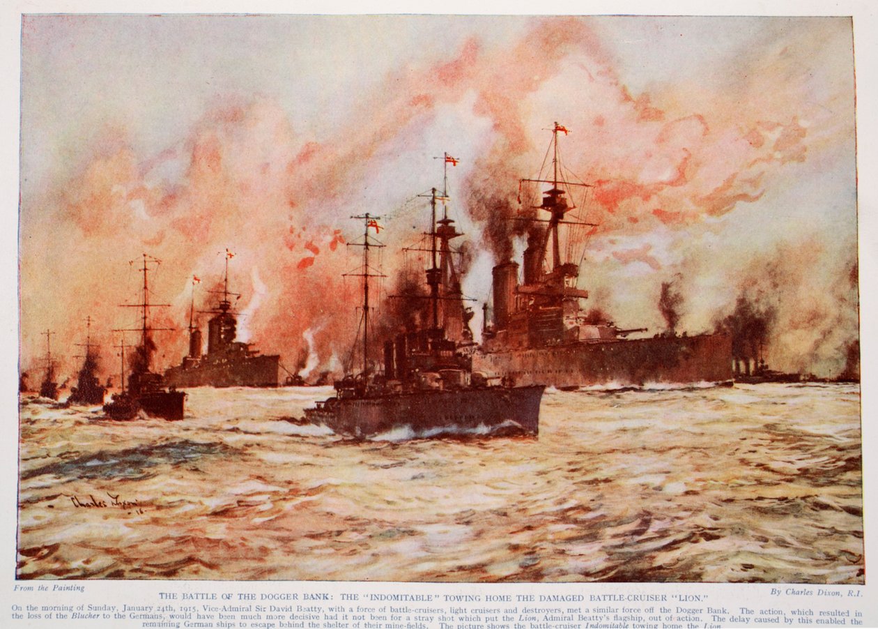 Slaget ved Doggerbanken: "Indomitable" slæber den beskadigede slagkrydser "Lion" hjem, 24. januar 1915, illustration fra "Hutchinson