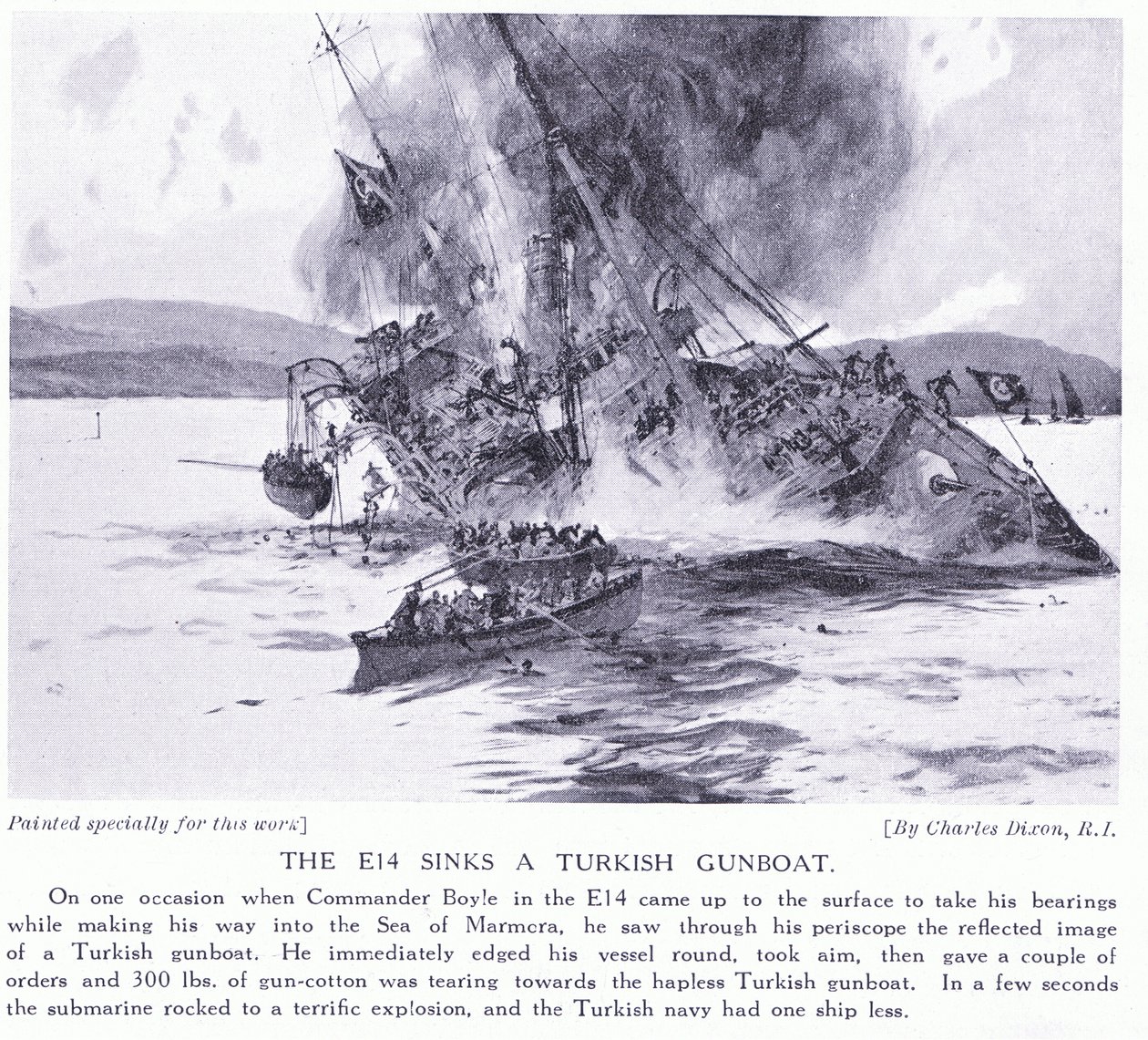 E14 sænker en tyrkisk kanonbåd i Marmorahavet 1915 af Charles Edward Dixon