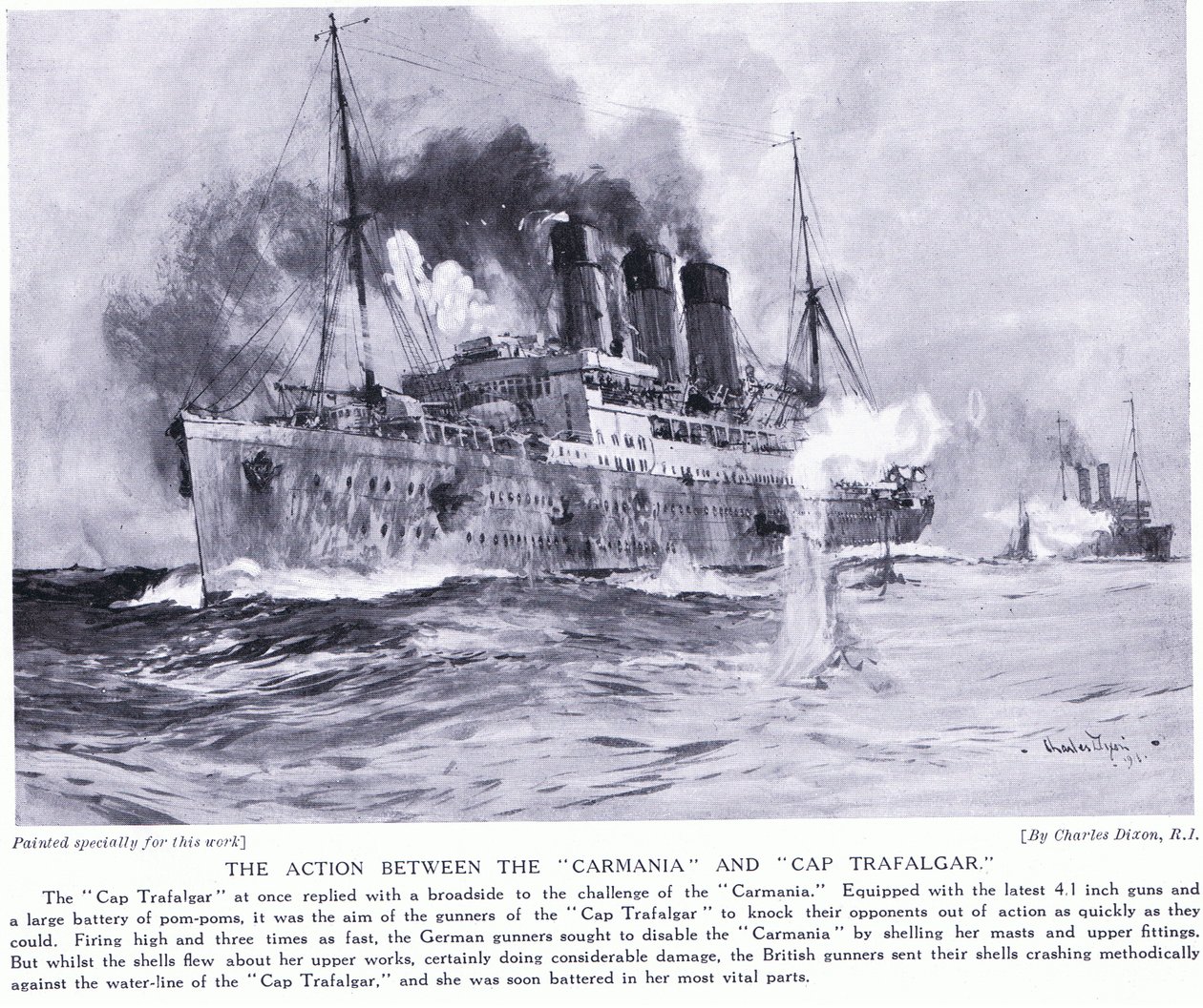 Handlingen mellem Carmania og Cap Trafalgar september 1914 af Charles Edward Dixon