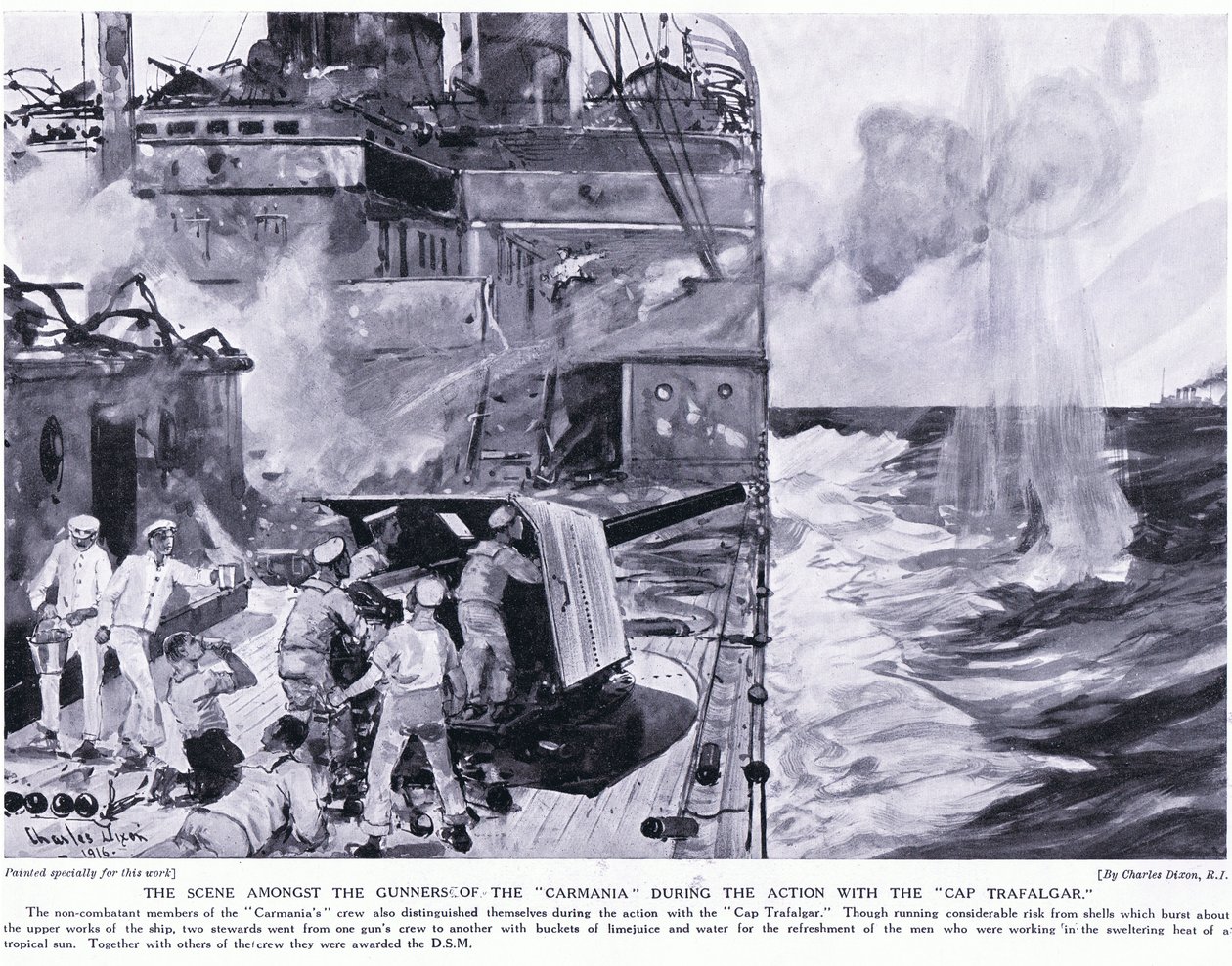 Scenen blandt Carmanias kanonister under kampen mod Cap Trafalgar af Charles Edward Dixon