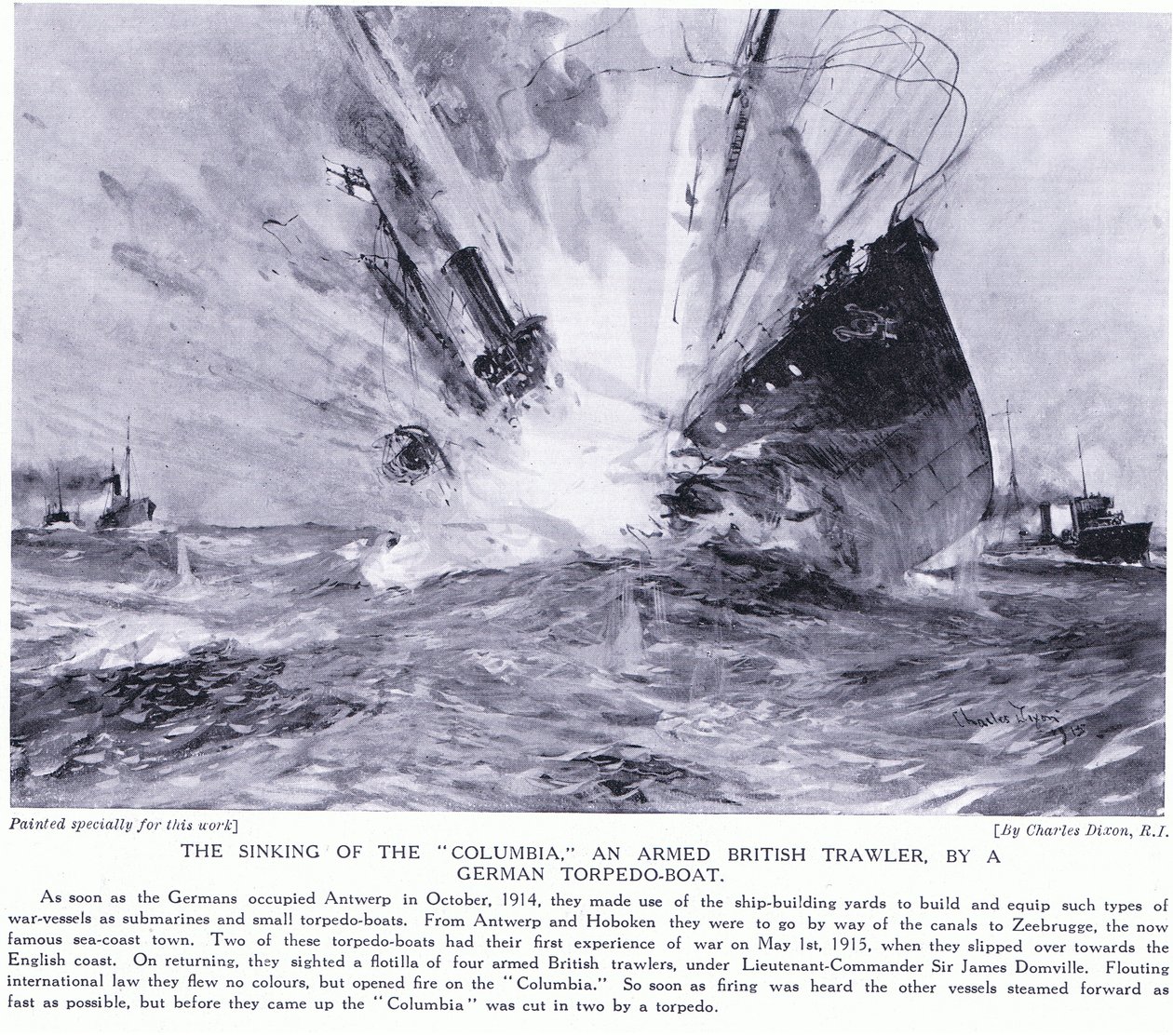 Sænkningen af Columbia, en bevæbnet britisk trawler af en tysk torpedobåd på den engelske kystlinje oktober 1914 af Charles Edward Dixon