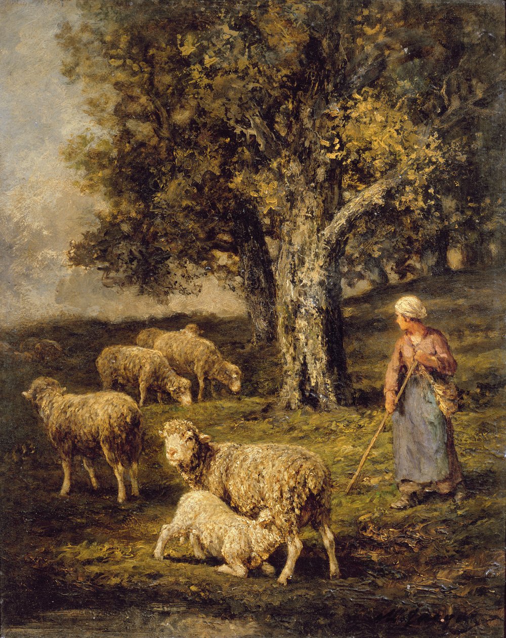 En hyrdinde og får i et Barbizon-landskab af Charles Emile Jacque