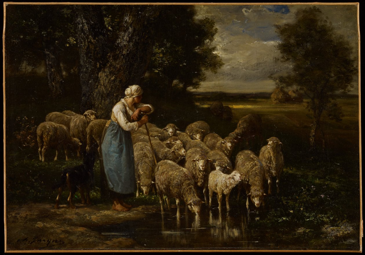 Hyrdinde og får, Fontainebleau af Charles Emile Jacque