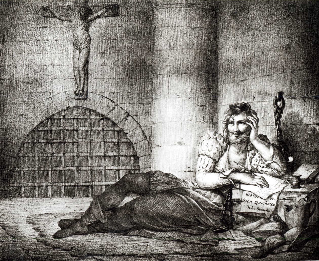 Miguel de Cervantes Saavedra (1547-1616) skrev "Don Quixote" i et fangehul under inkvisitionen af Charles Etienne Pierre Motte