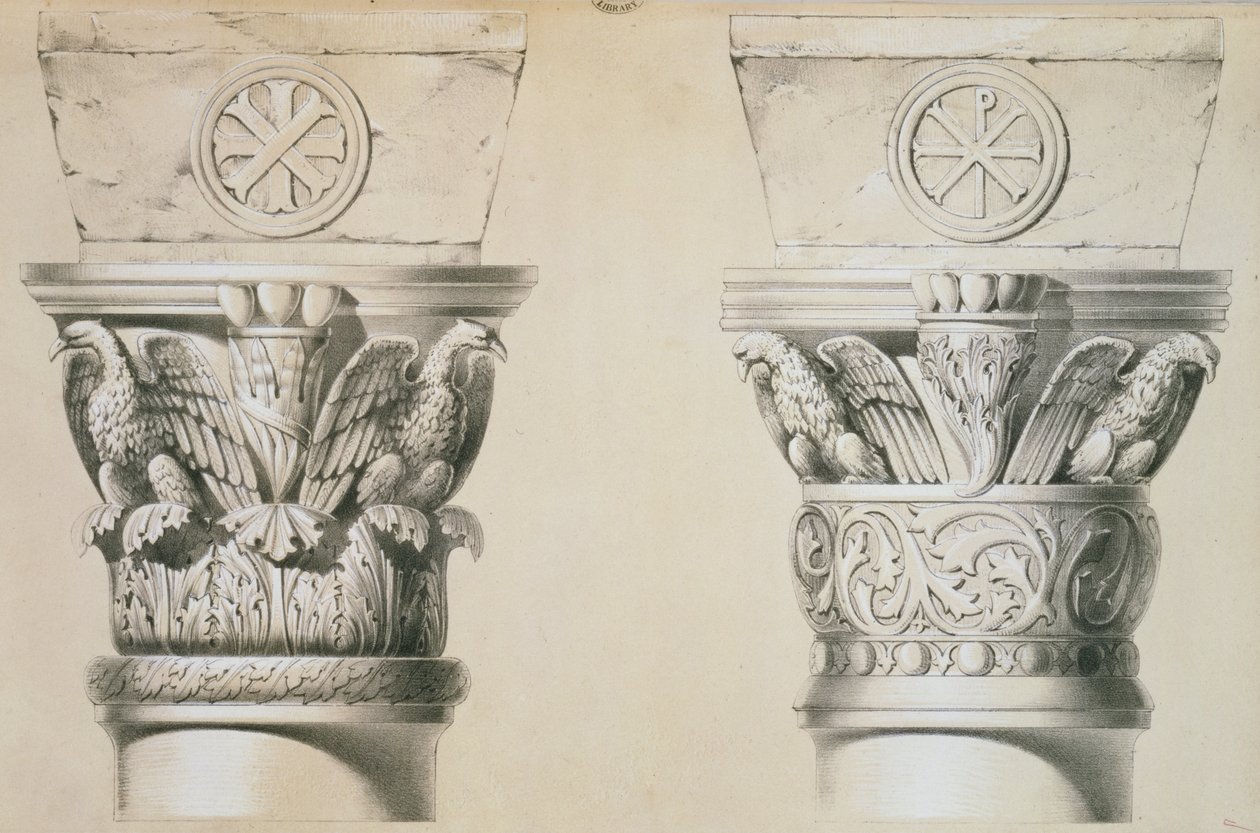 Byzantinske kapitæler fra søjler i kirkeskibet St. Demetrius i Thessalonika, pub. af Dag og Søn af Charles Felix Marie Texier