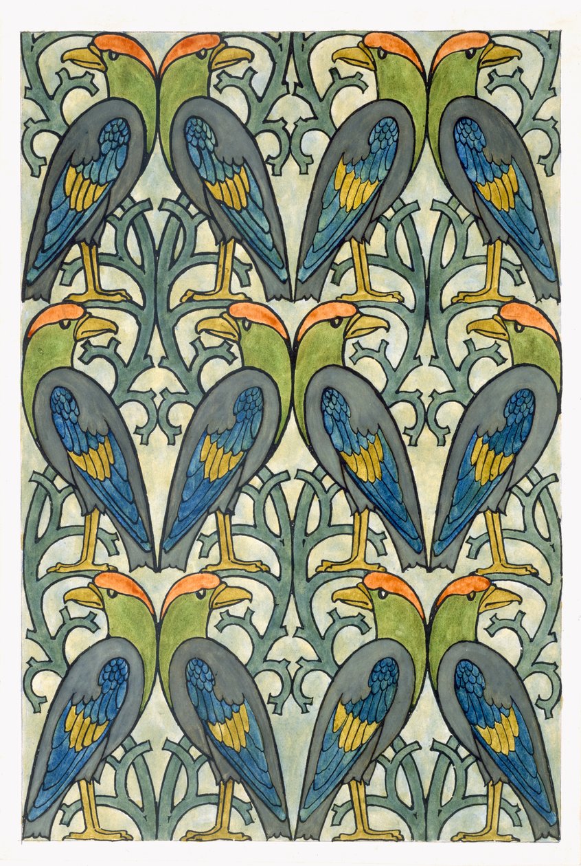 Papegøjedesign (wc og blyant på papir) af Charles Francis Annesley Voysey