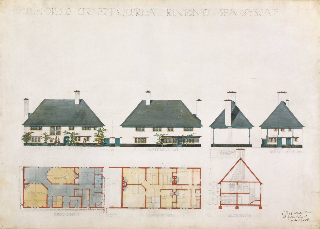 Foreslået hus til C. Turner Esq. på Frinton on Sea, 1908 (wc og blyant på papir) af Charles Francis Annesley Voysey