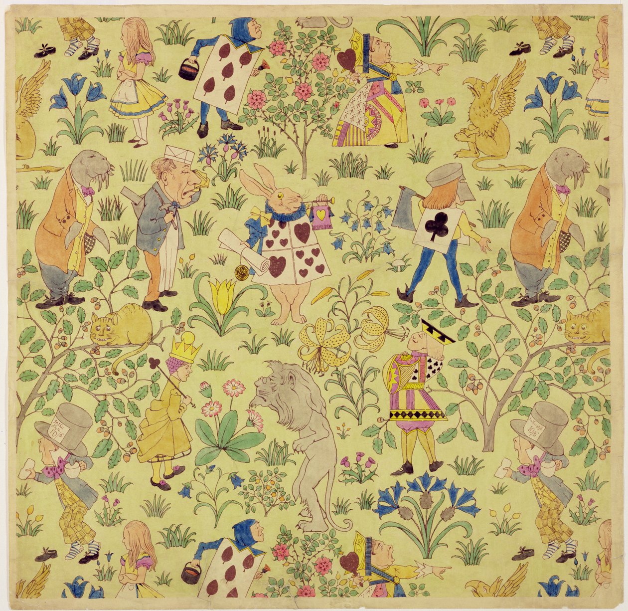 Tekstildesign til "Alice i Eventyrland" (wc og blyant på papir) af Charles Francis Annesley Voysey