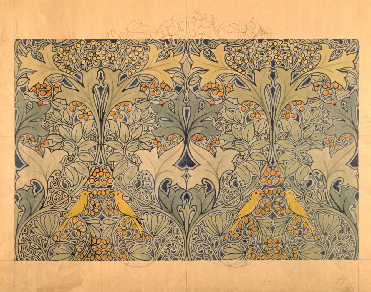 Tekstildesign med fugle, bær og løv (wc og blyant på papir) af Charles Francis Annesley Voysey