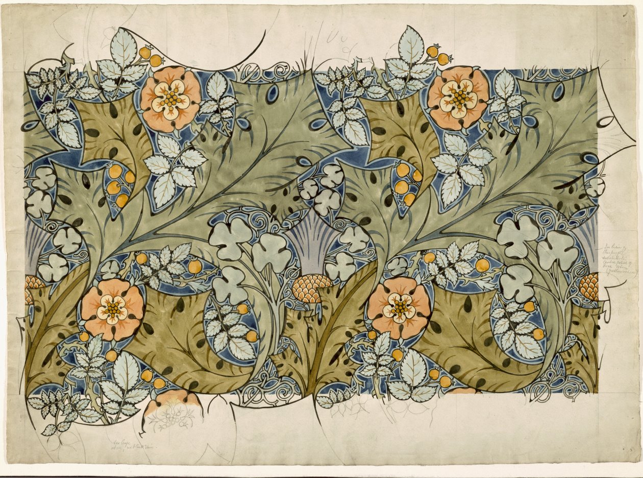 Tudor-roser, tidsler og kløver (wc og blyant på papir) af Charles Francis Annesley Voysey
