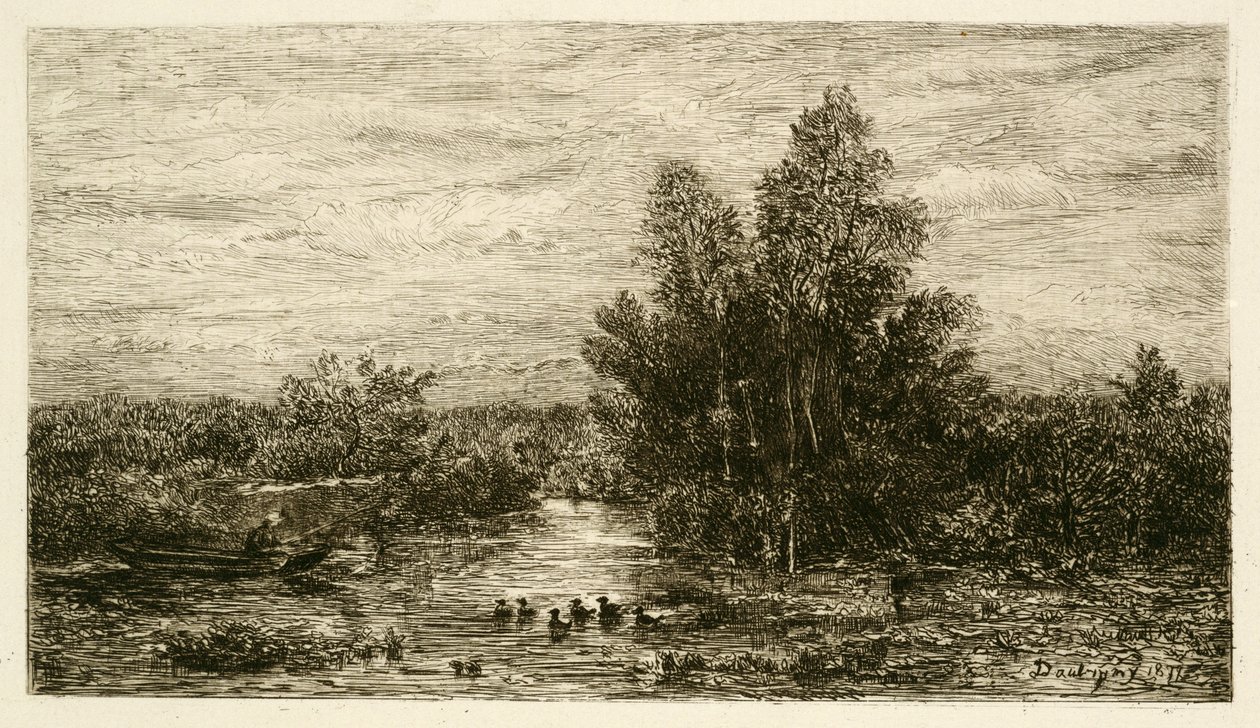 Fisker ved floden med ænder, 1878 af Charles Francois Daubigny
