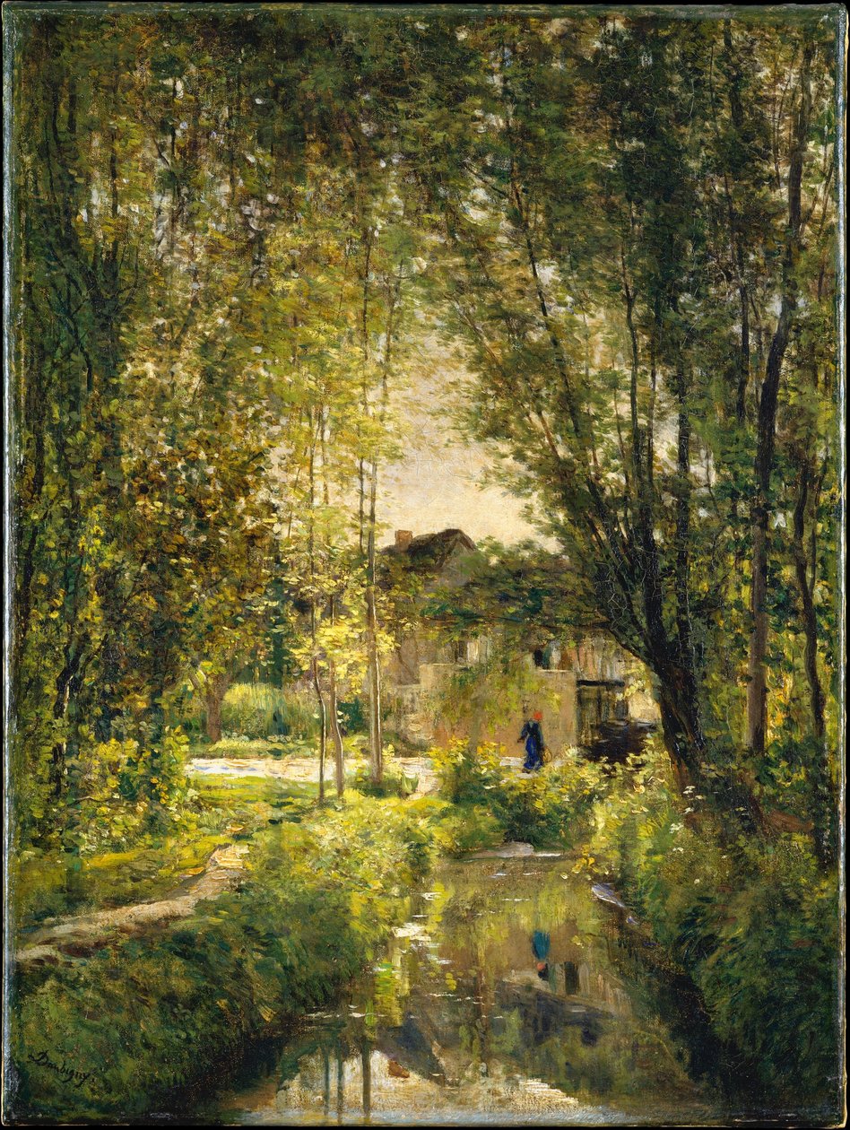 Landskab med en solbeskinnet strøm, ca. 1877 af Charles Francois Daubigny