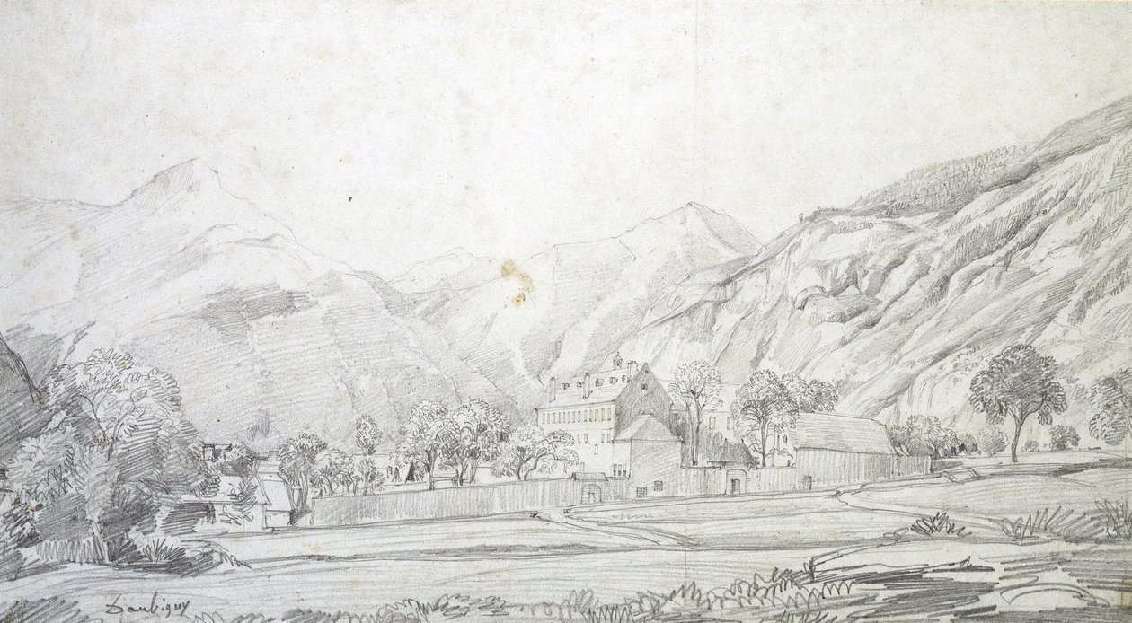 Udsigt over bygninger i en muret indhegning med bjerge i baggrunden (grafit på hvidt vævet papir) af Charles Francois Daubigny