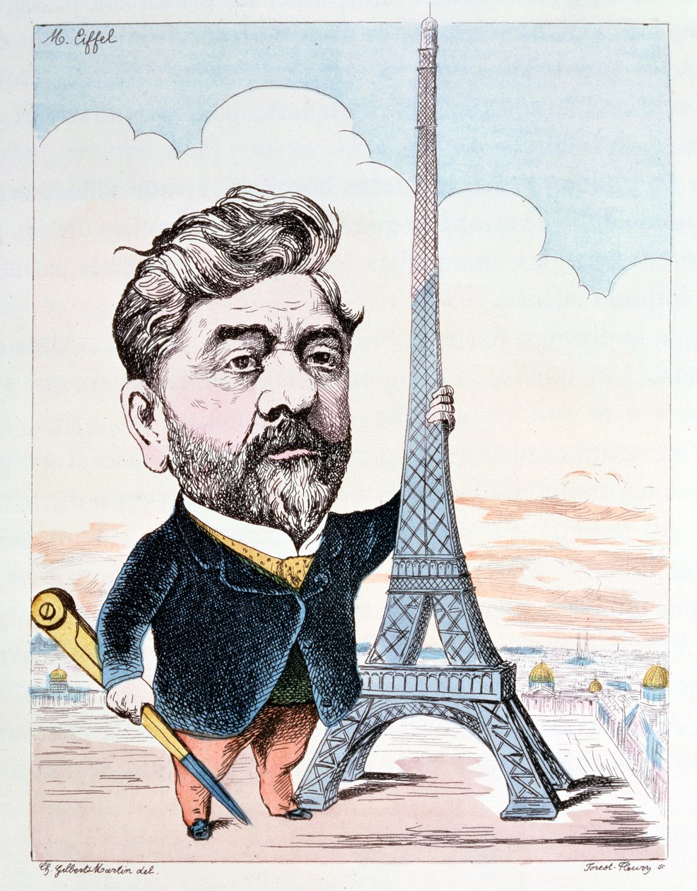 Gustave Eiffel (1832-1923) med sin mest kendte konstruktion, Eiffeltårnet, graveret af Forest Fleury af Charles Gilbert Martin