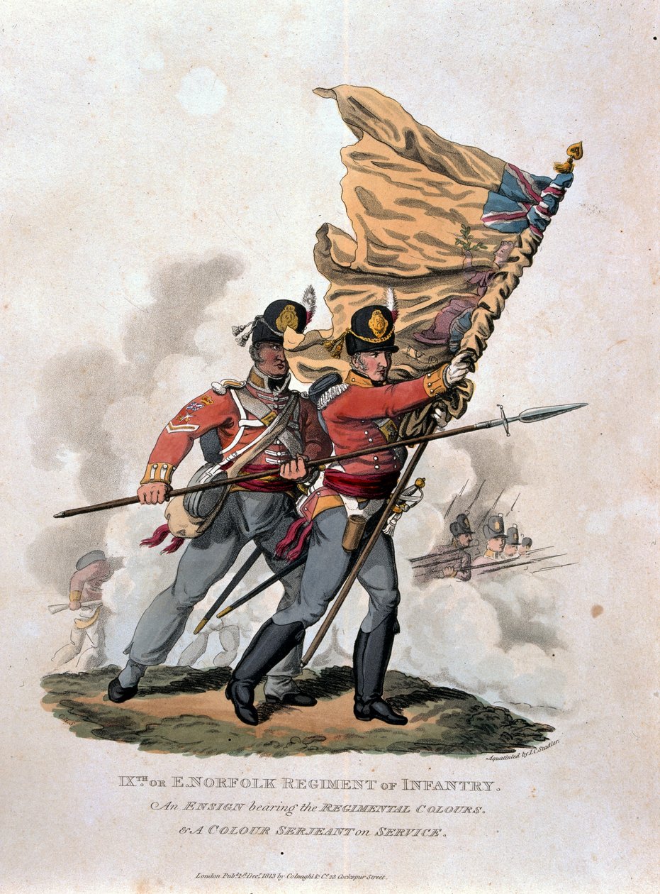 9th, or E Norfolk Regiment of Infantry, fra "Costumes of the Army of the British Empire, according to the last regulations 1812", graveret af J.C. Stadler, udgivet af Colnaghi und Co. 1812-15 (farve af Charles Hamilton Smith