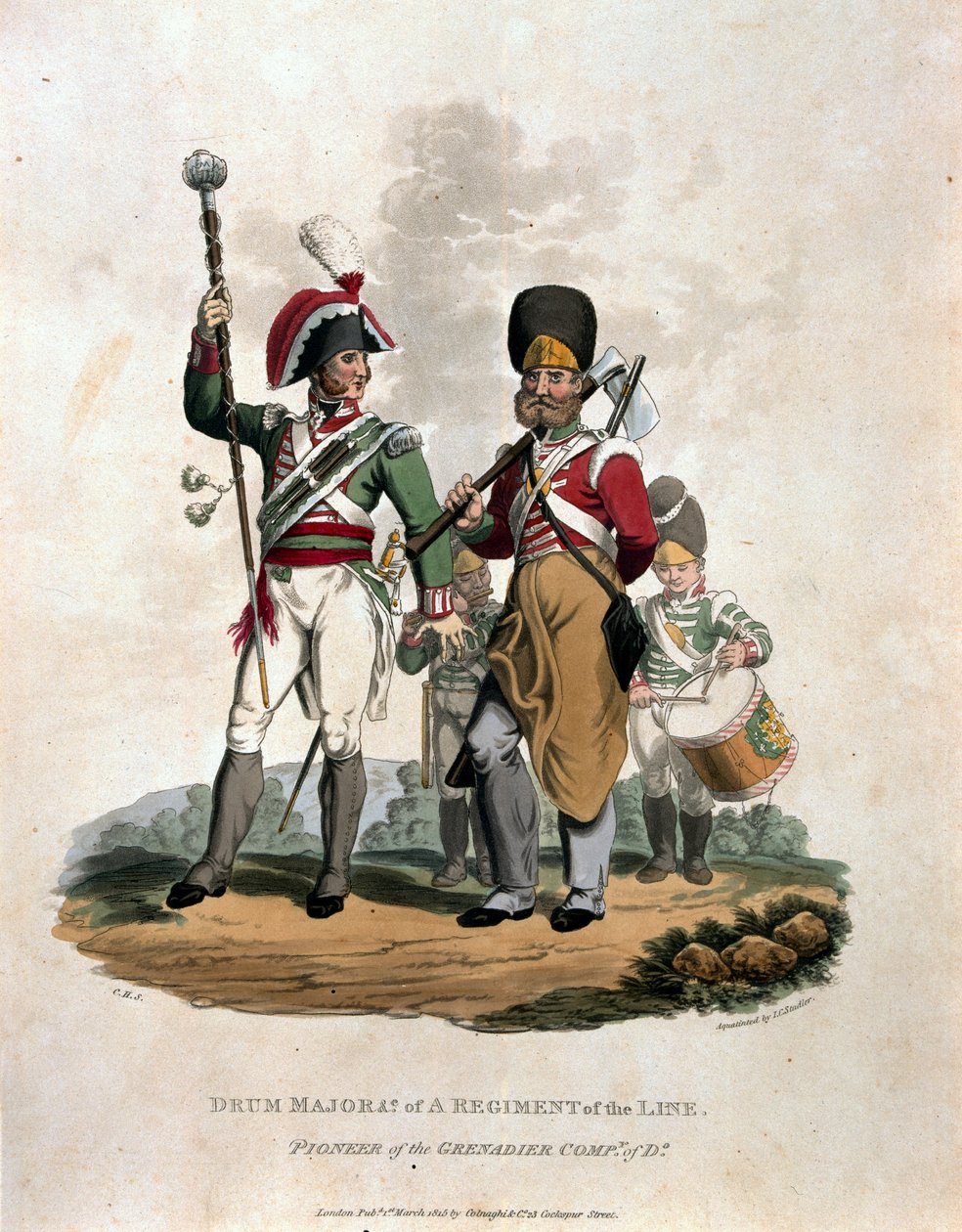 Trommemajor og co. fra et regiment, af linjen med pioner fra Grenadierkompagni D, fra "Costumes of the Army of the British Empire, according to the last regulations 1812", graveret af J.C. Sta af Charles Hamilton Smith