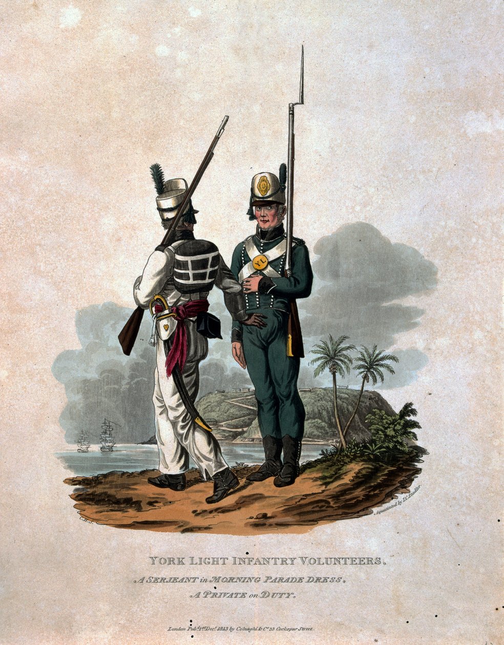 York Light Infantry Volunteers, a Serjeant of Morning Parade Dress, A Private on Duty, fra "Costumes of the Army of the British Empire, according to the last regulations 1812", graveret af J.C. Stadl af Charles Hamilton Smith
