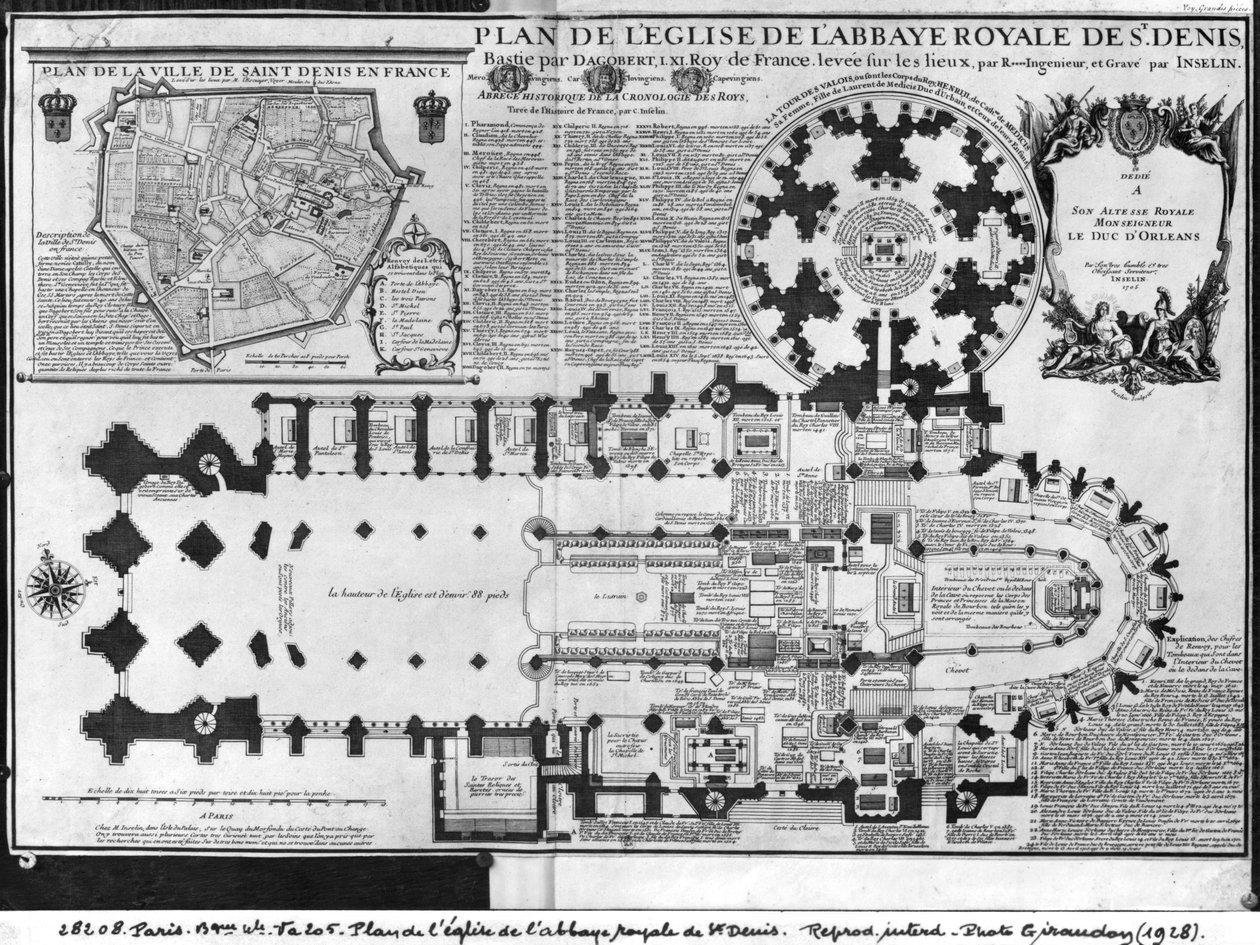 Plan over Church of the Royal Abbey of St. Denis med Valois Tower, 1705 (se også 414687) af Charles Inselin