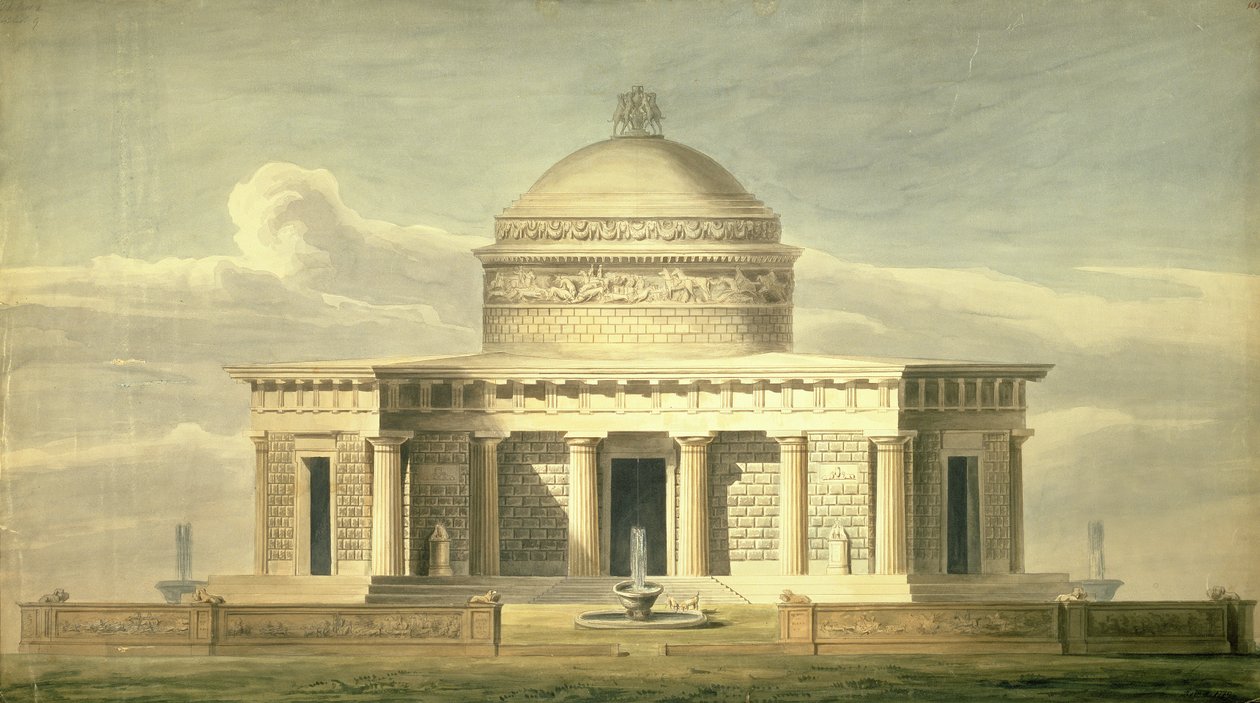 Kopi af Sir John Soanes (1752-1837) design til en hundebolig, oprindeligt tegnet i 1779, ca. 1835 (pen og blæk og wc på papir) af Charles James Richardson