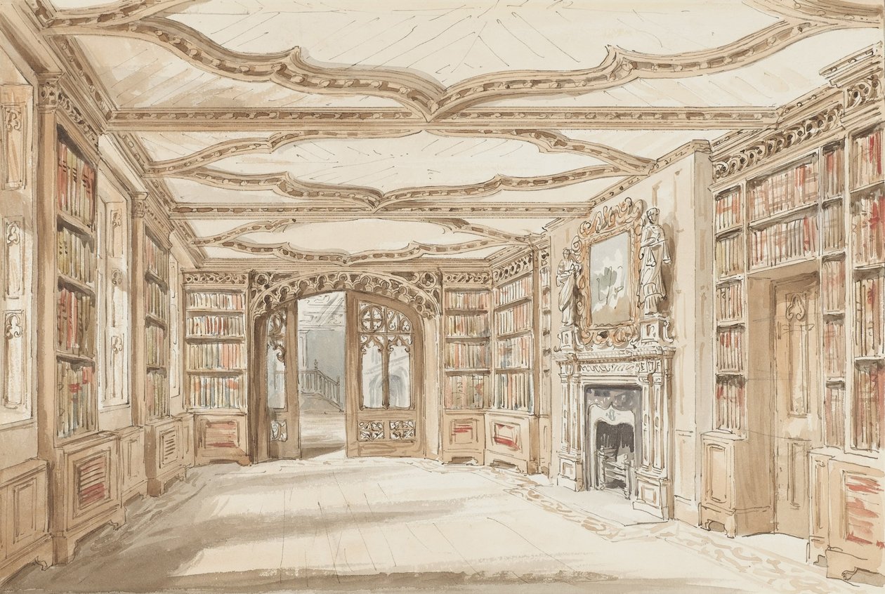 Indvendig udsigt over et bibliotek i gotisk stil af Charles James Richardson