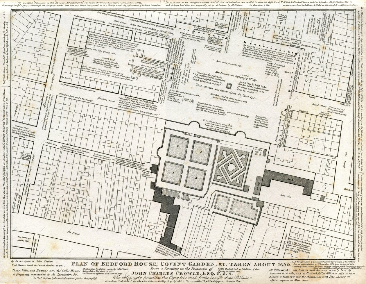 Plan over Bedford House og have i Covent Garden tegnet omkring 1690 med efterfølgende kommentarer af Charles John Crowle