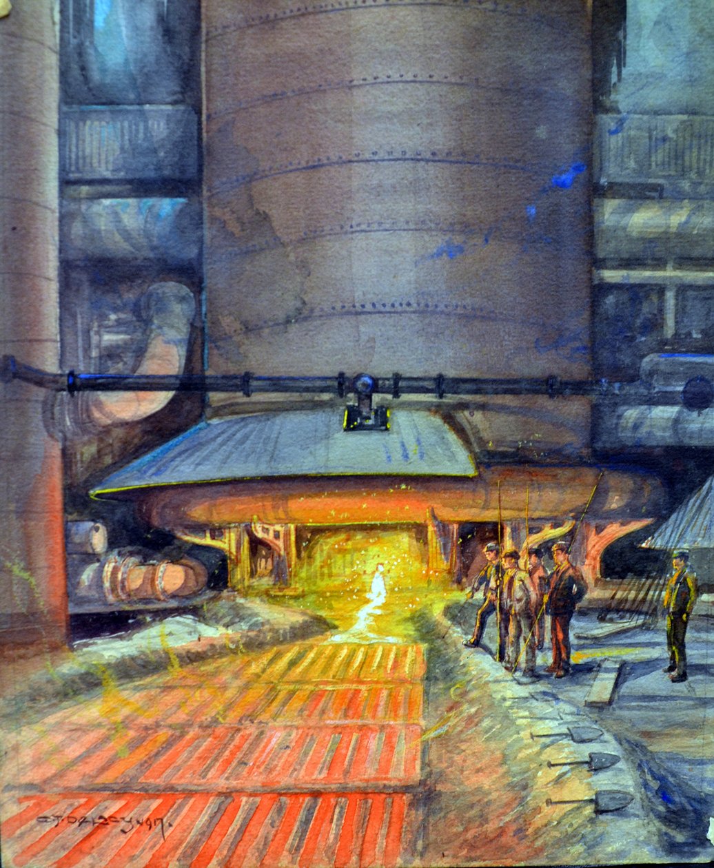 Stålarbejdere støbedragere, 1917 (wc & kropsfarve på papir) af Charles John de Lacy