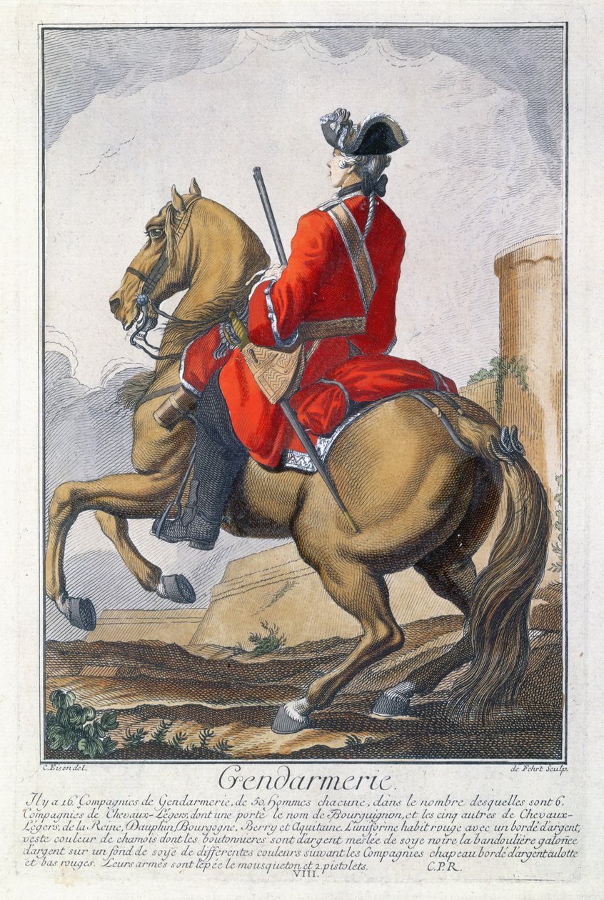 Gendarme opsat på en hest (farvegravering) af Charles Joseph Dominique Eisen