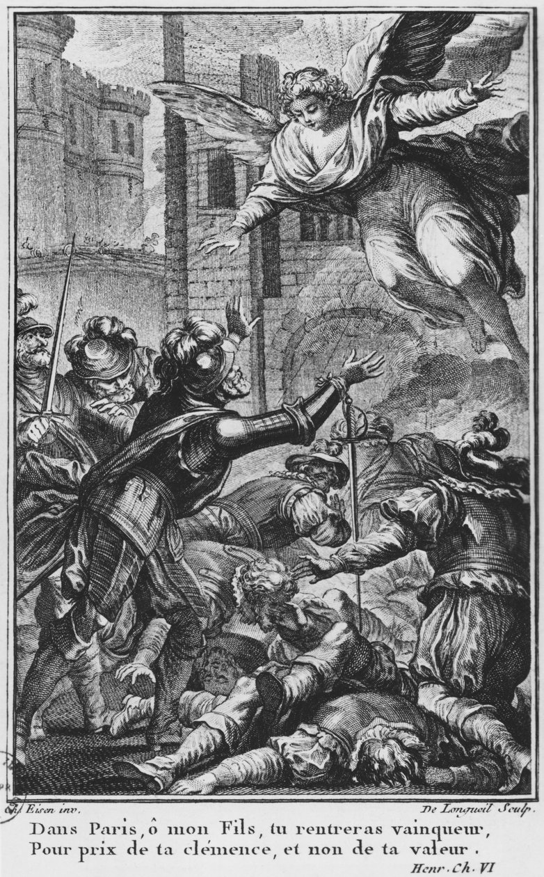 Belejring af Paris, åbenbaring af St. Louis (1214-70) til Henri IV (1553-1610) indgraveret af Joseph de Longueil (1730-92) illustration fra 